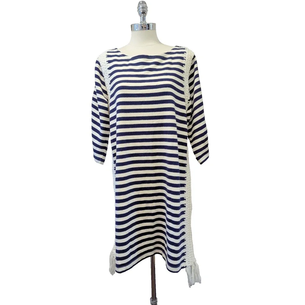 Anthropologie Pepin Nautical Stripe Cotton Tunic Dress Size L Crochet‎ Trim Navy